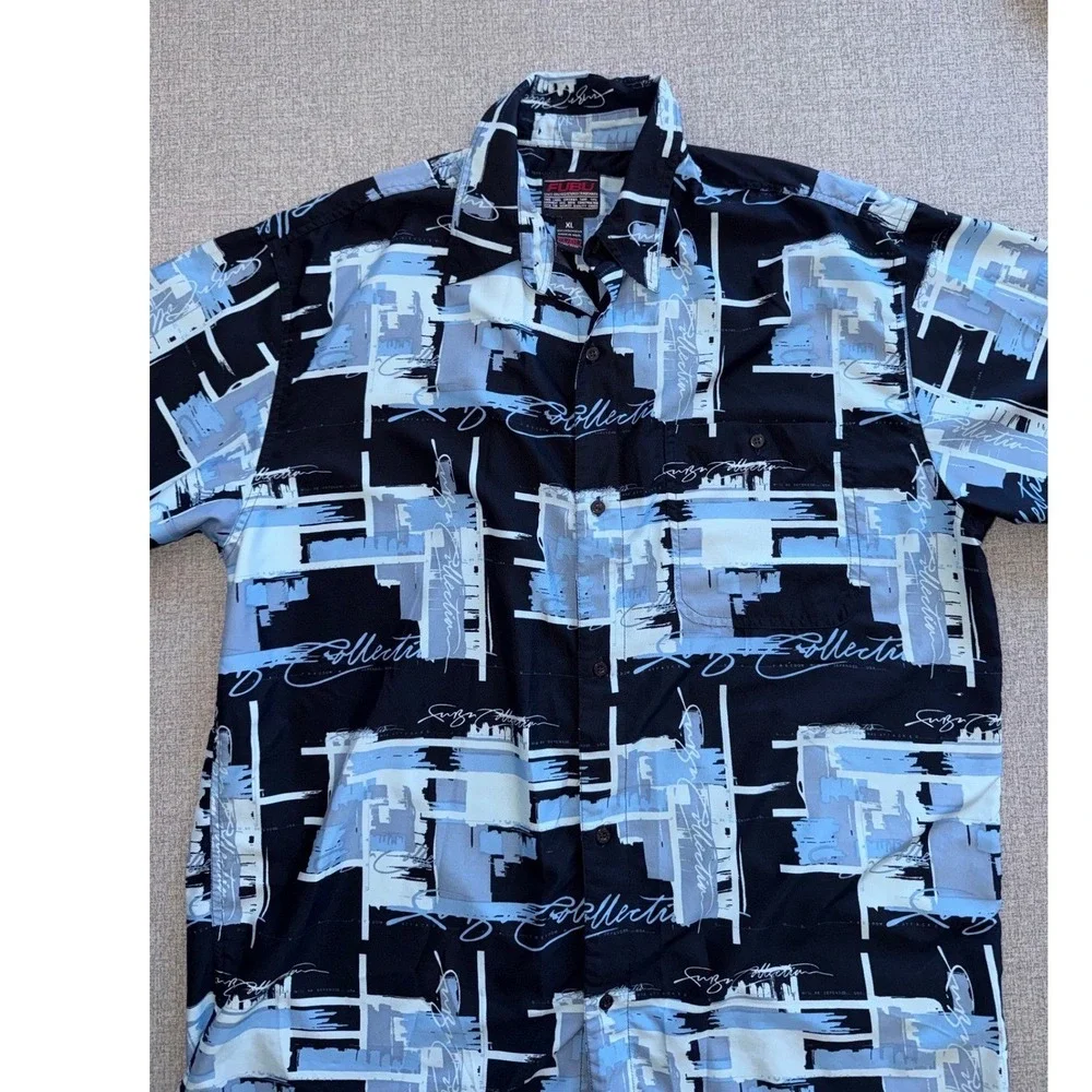 FUBU Collection Mens XL Short Sleeve Button Down Shirt Black Blue Abstract Print